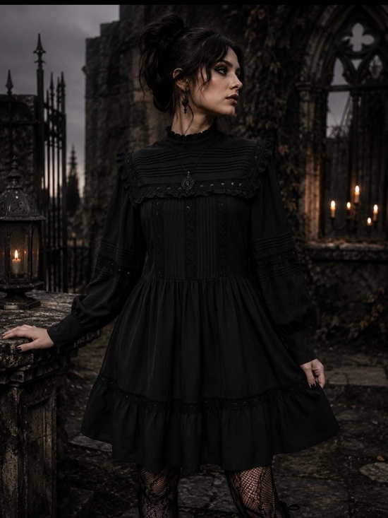 Topshop Dresses & Skirts - Topshop Black Long-Sleeve Lace Trim Pintuck Dress with zip up side.